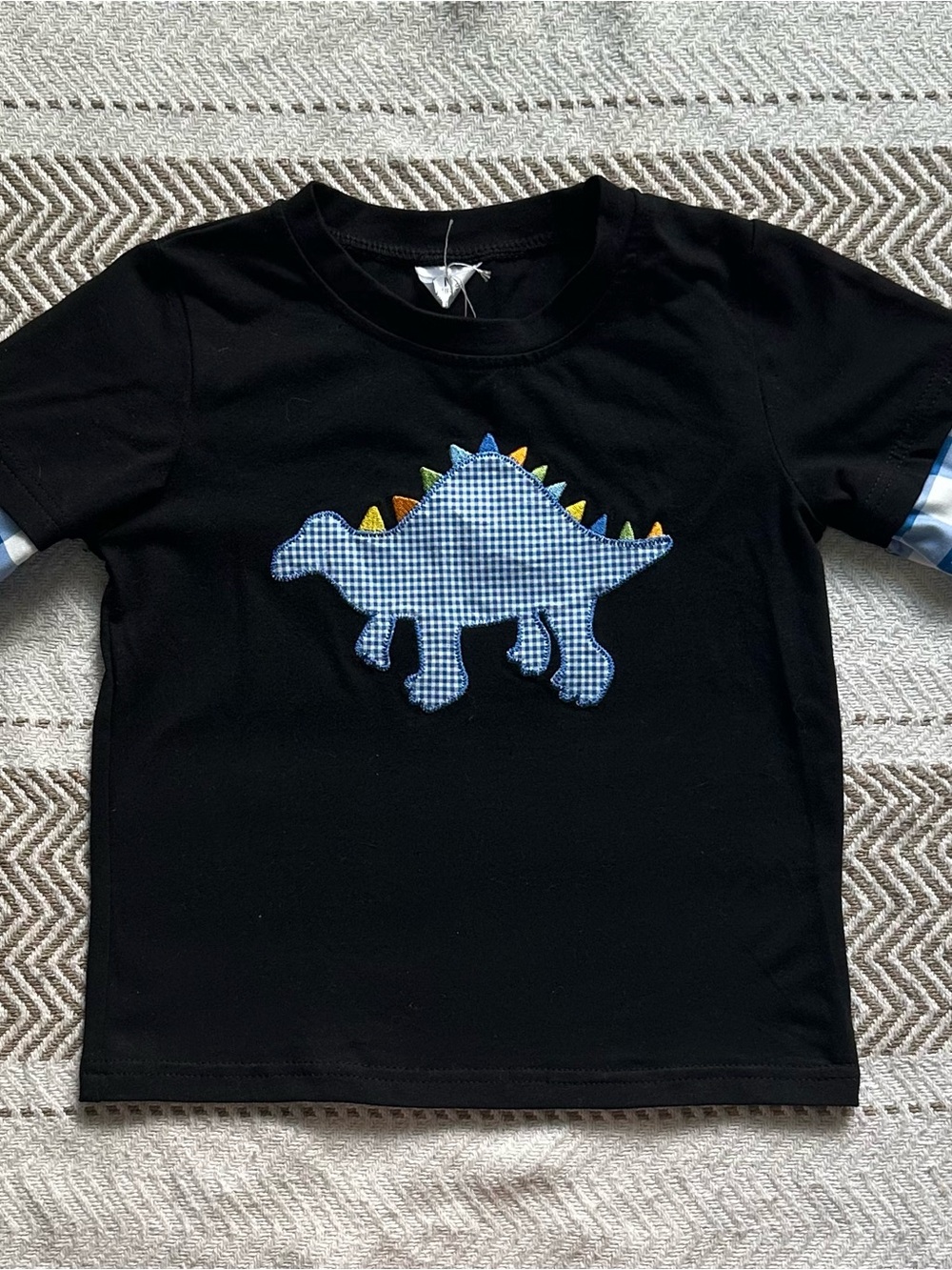 Black Kids Short-Sleeve Tee with Blue Gingham Dino Applique